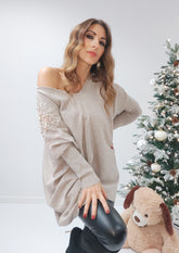 Pull maxi, tortora con perle e strass