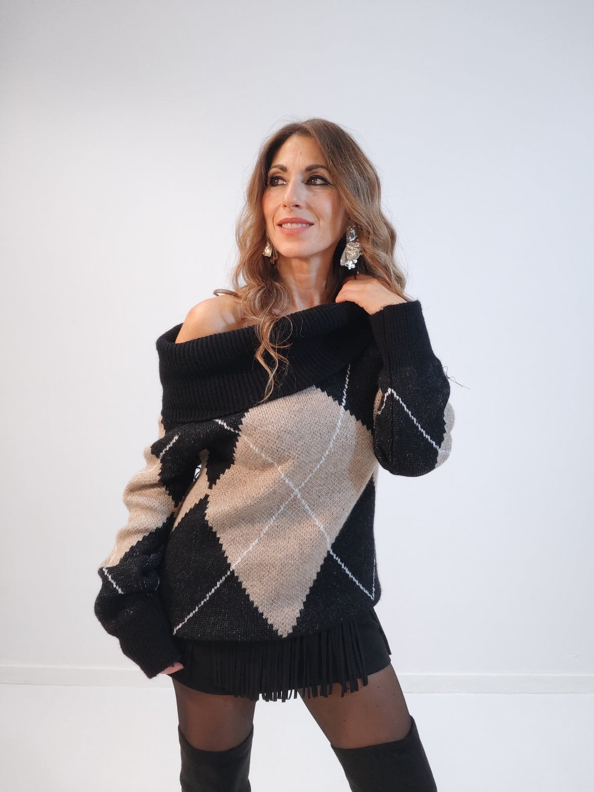 Maglione Rombo Nero e Beige