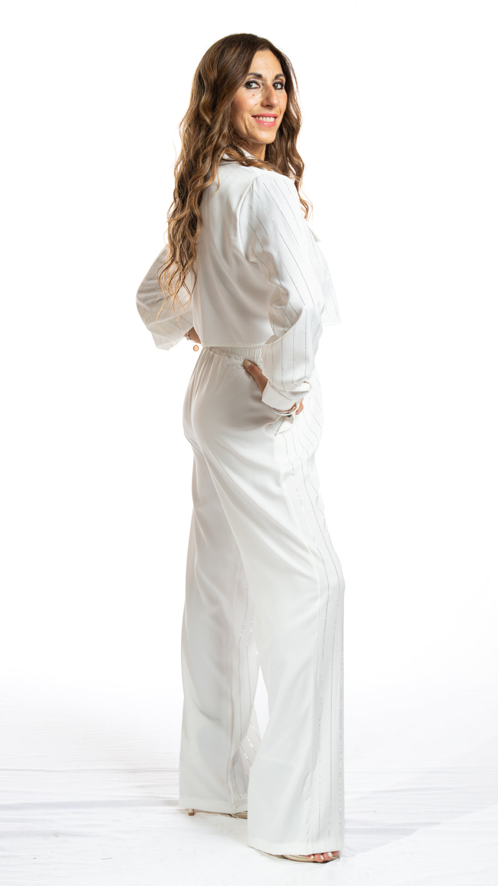 Completo crop con fili argento colore Bianco Panna