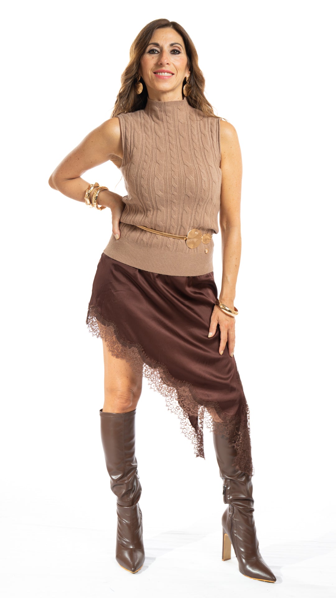 Maglietta smanicata treccia  colore nocciola