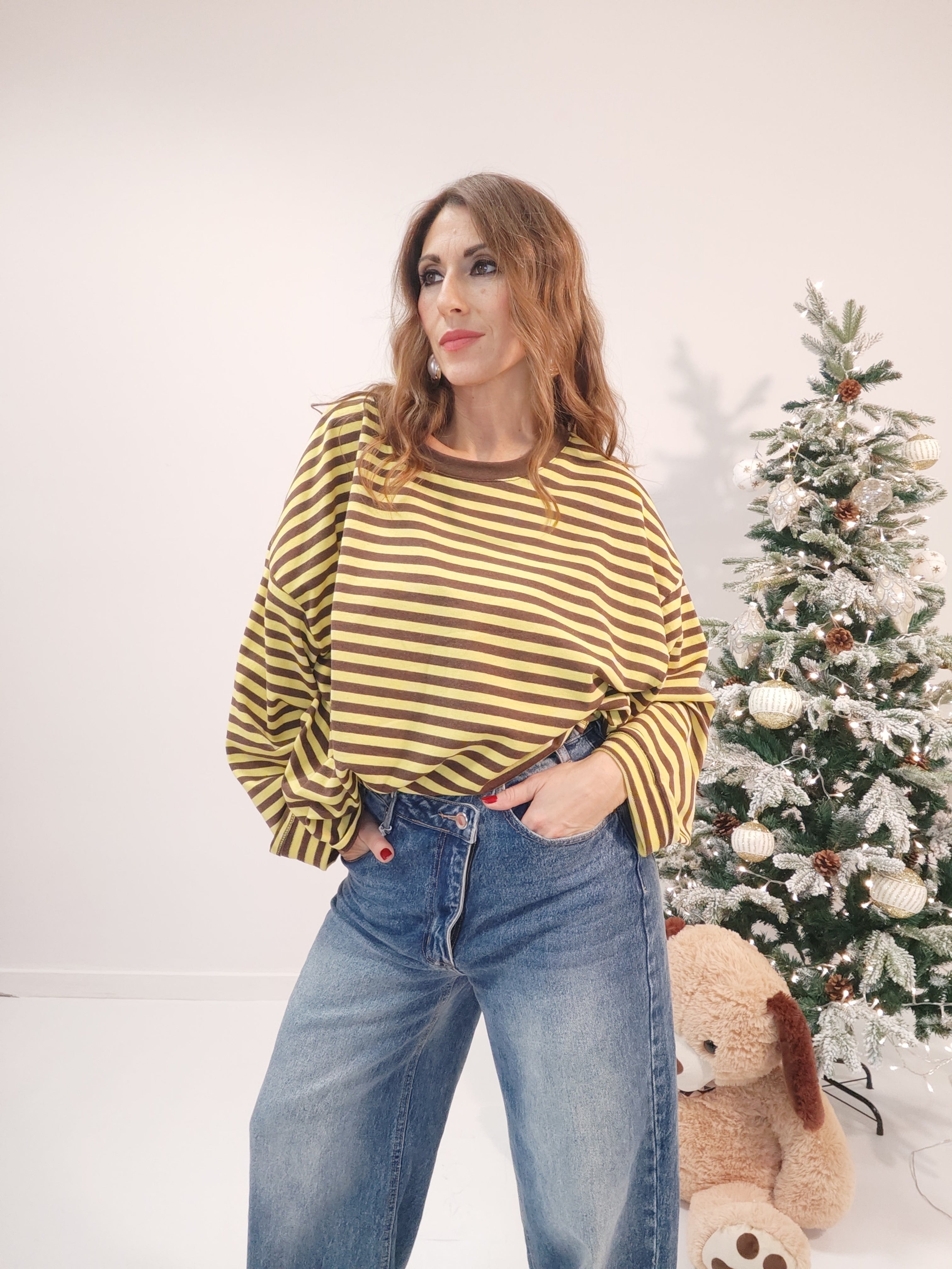 Maglia Viral a righe, fondo giallo con righe caffè