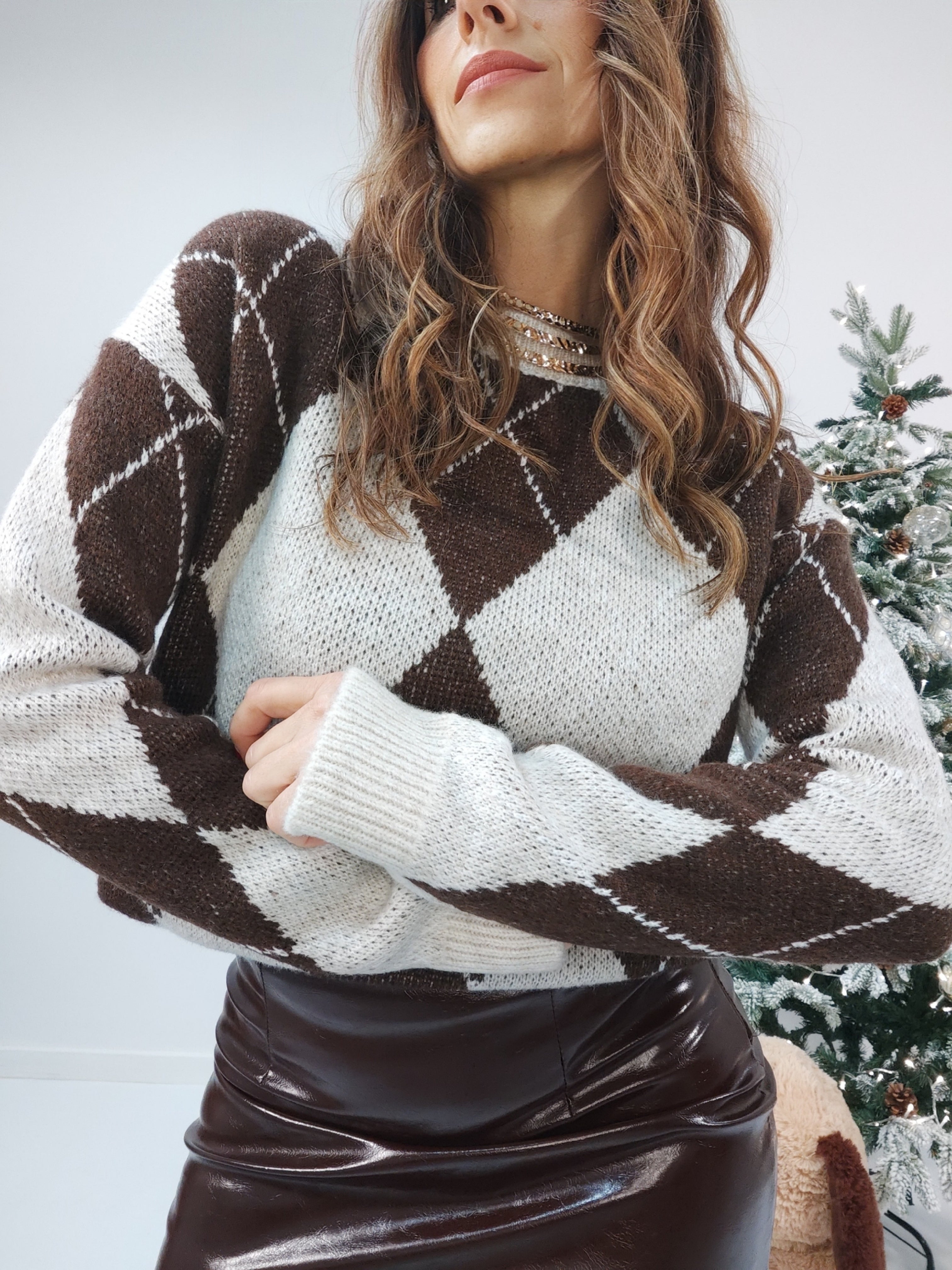Pull Argyle Marrone e Panna