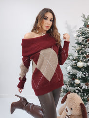 Maglione Rombo Bordeaux e Beige