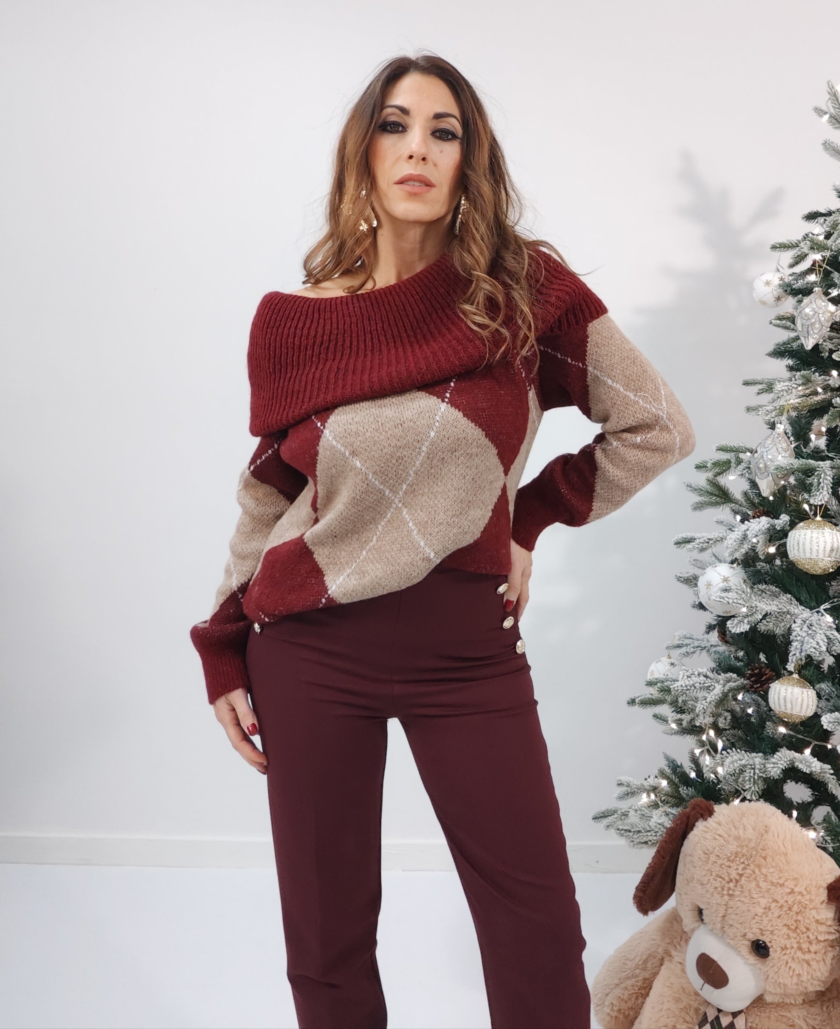 Maglione Rombo Bordeaux e Beige