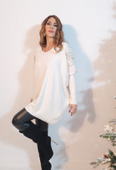 Pull Maxi, bianco panna con perle e strass