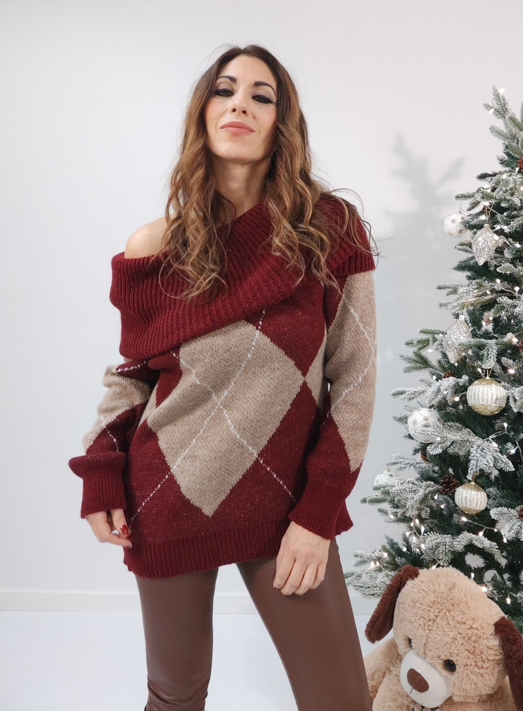 Maglione Rombo Bordeaux e Beige
