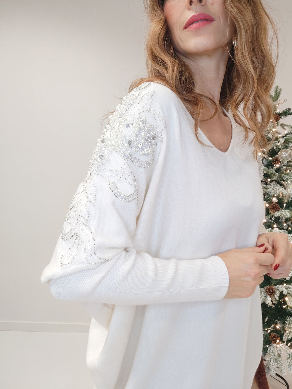 Pull Maxi, bianco panna con perle e strass