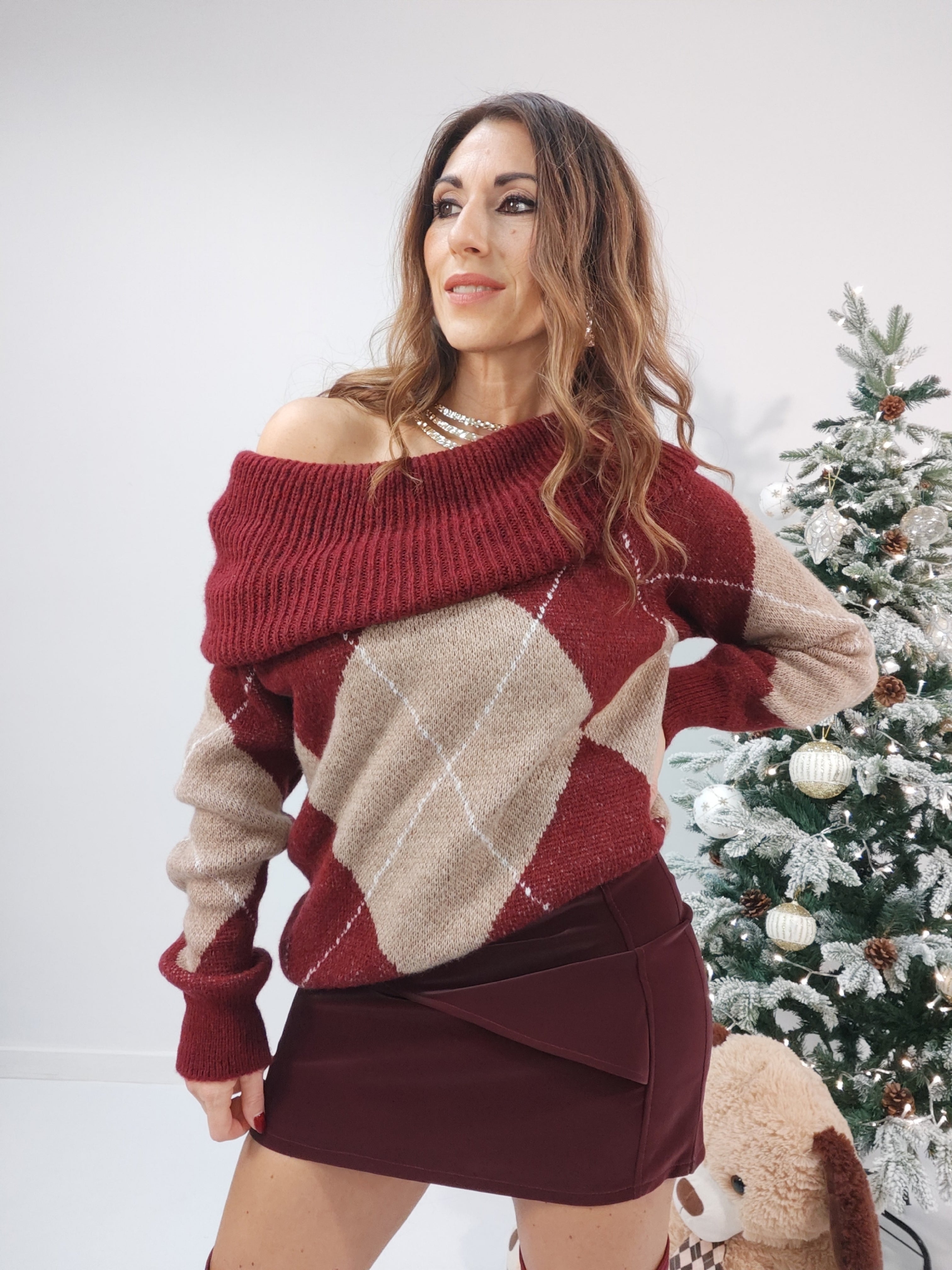 Maglione Rombo Bordeaux e Beige