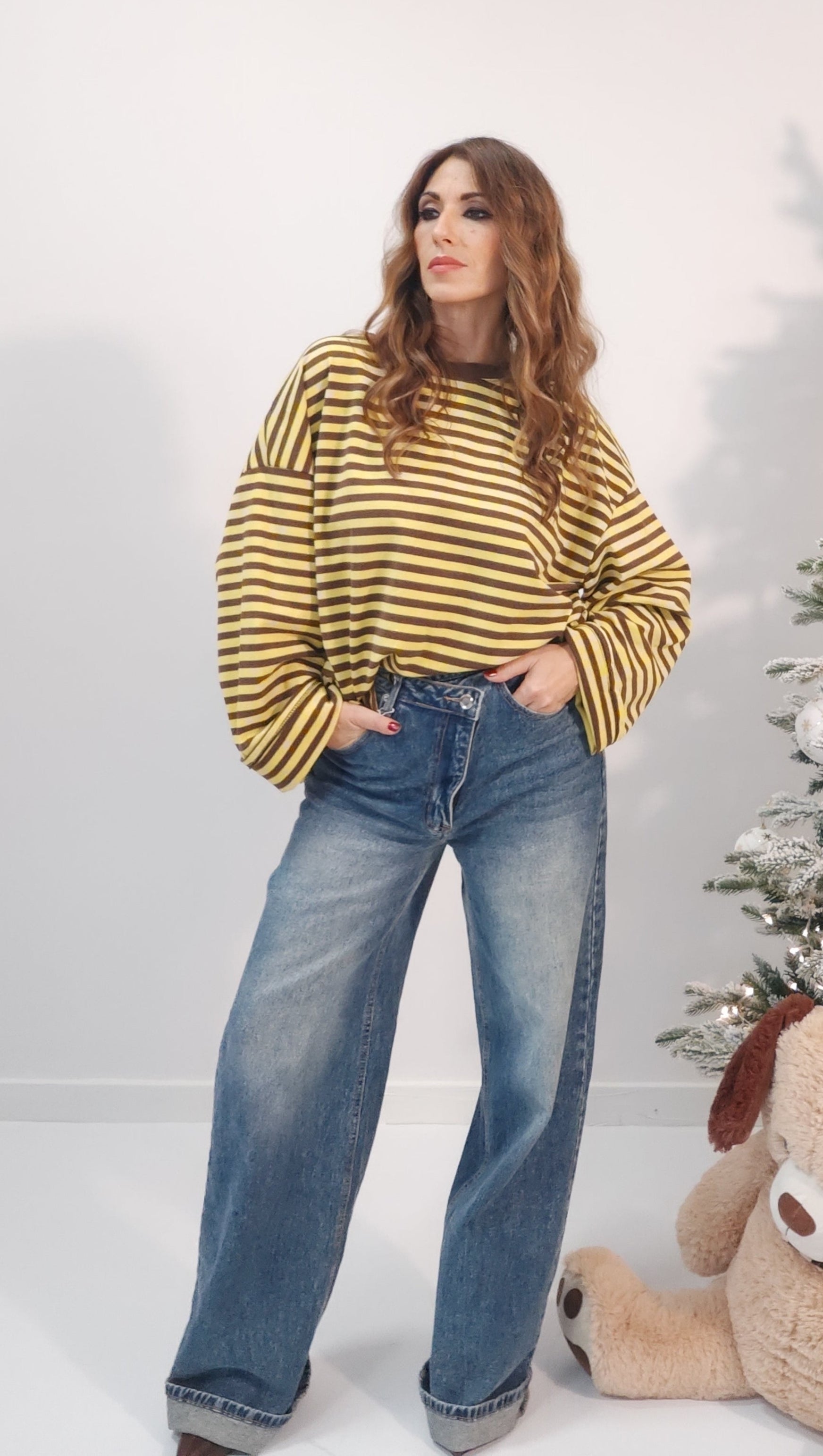 Maglia Viral a righe, fondo giallo con righe caffè